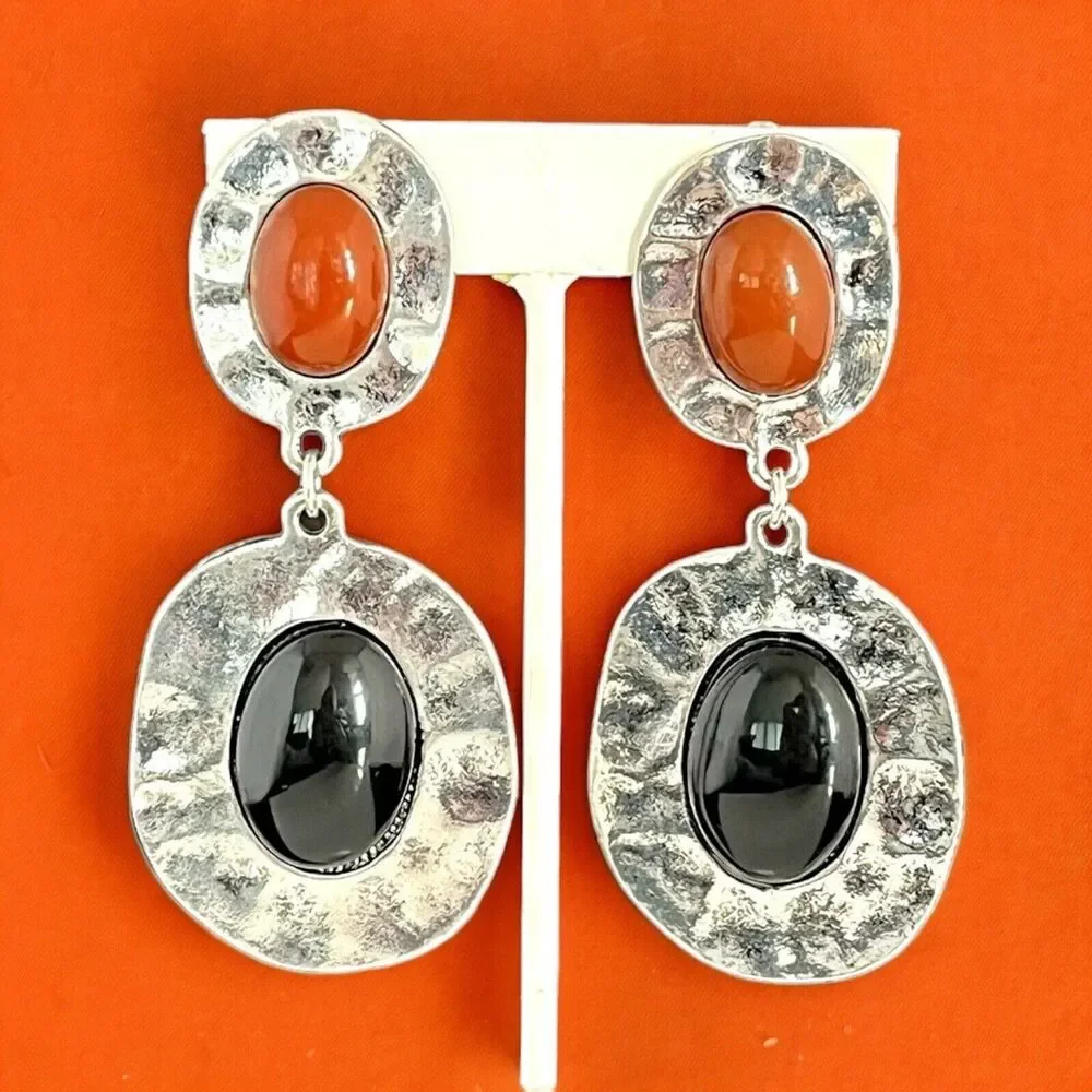 Vintage 1980s Clip Earrings Cabochon Hammered Silver Tone Dangle Statement - 6E